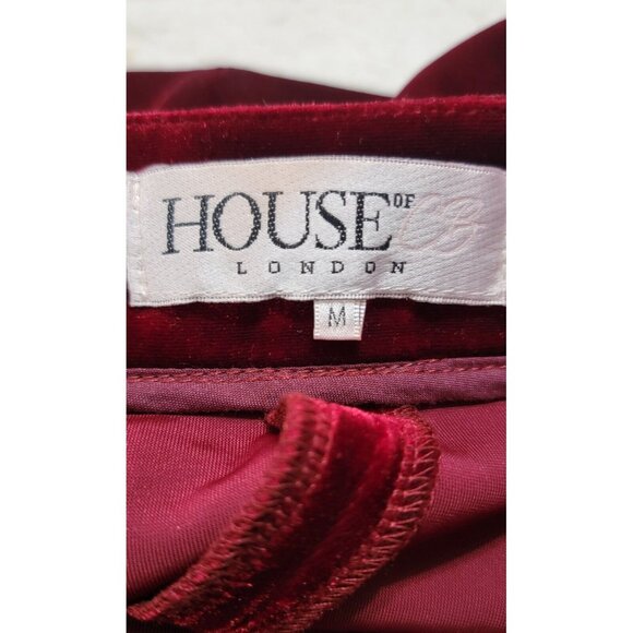 House Of London Women's Red Velvet Flared Leg Pants Side Zip Flat Front Size M - Picture 6 of 8